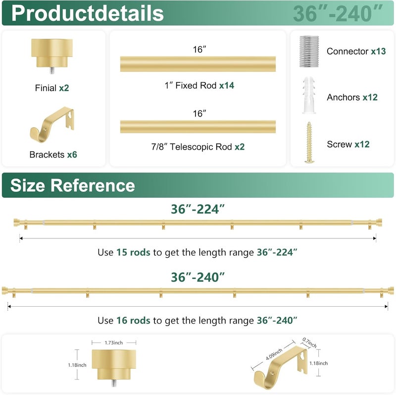 hei! dear Extra Long Curtain Rods 120-240 Inch(10-20ft), 1Inch Gold Adjustable Heavy Duty Decorative Window Curtain Rods for Bedroom - Image 5